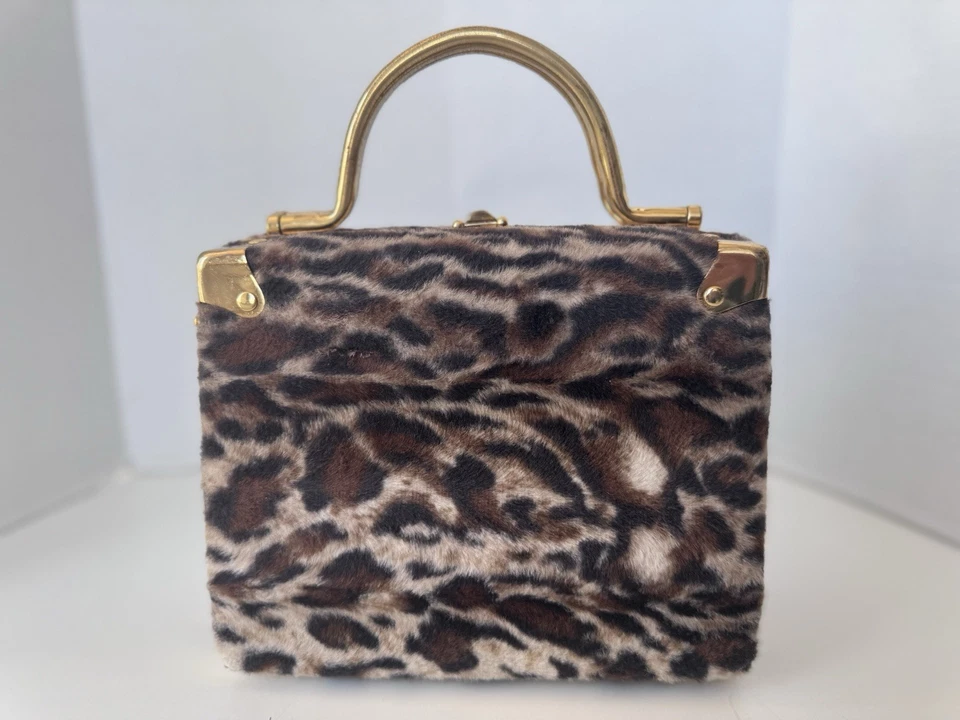 Vintage Leopard Animal Print Faux Fur Gold Accent Handles Box Purse - Image 4 of 4