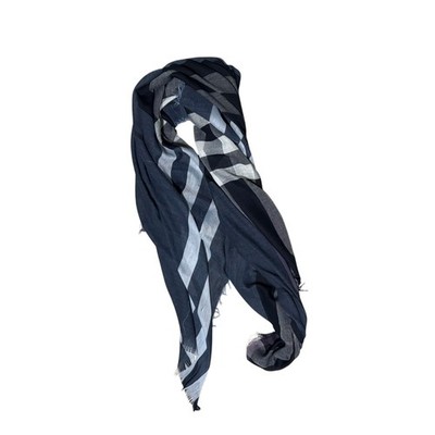 Gerry Weber Navy Blue Grey Plaid Check oversized wrap shawl scarf fringe preppy