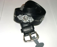 Brighton B20453 Tooled Studded Silver Black Leather Concho Belt - M 30" - NWOT