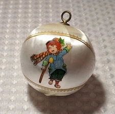 Vintage 1970s Rauch White Silk Satin Christmas Ball Ornament Tiny Tim & Carolers