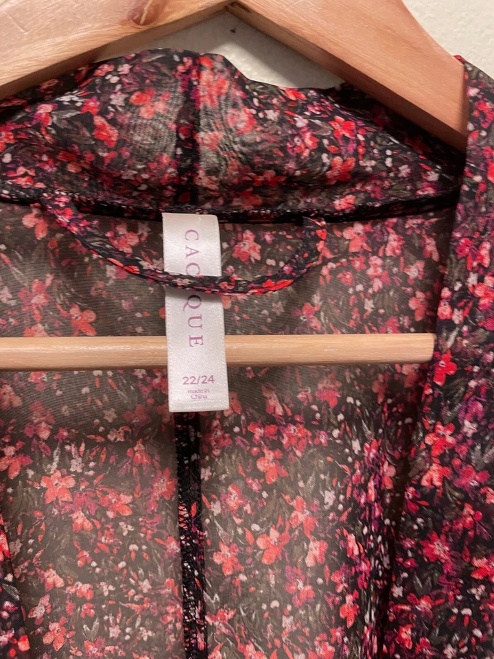 Cacique Womens Robe Plus Size 22/24 Floral Chiffon Lace Belted Sheer Romantic - Image 3 of 4