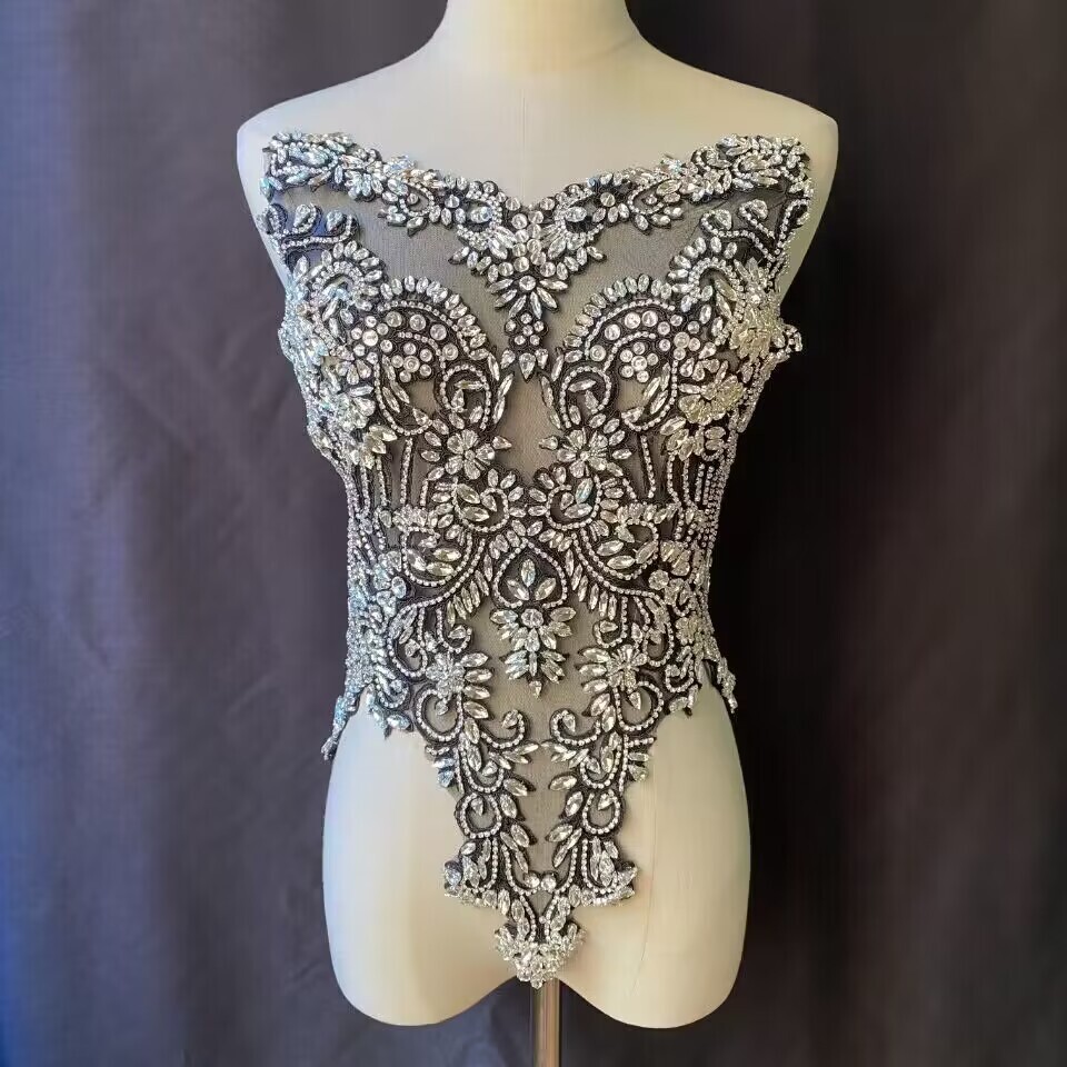 Lujo Estrás Disfraz Vestido Aplique Cuentas Bailar Ropa Motivo Negro Tul