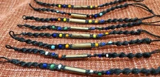 Black Waxed Cord Tie On Bracelet Wood Bead Multicolor Round Beads Surfer Boho