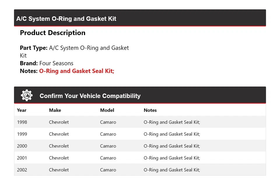Para 1998-2002 Chevrolet Camaro A/C System O-Ring e kit de junta 4 temporadas 1999 - Imagem 2 de 4