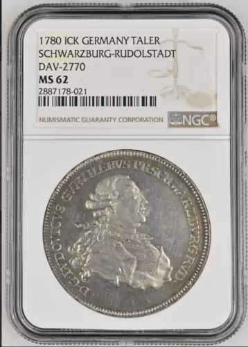 Rare! Germany States Schwarzburg-Rudolstadt 1780 Taler Coin Thaler NGC MS 62