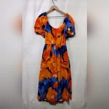 Tabitha Brown x Target Floral Print Puff Sleeve Tie Dress Women's 14 Orange Blue