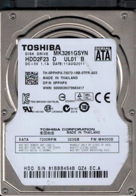 Toshiba MK3261GSYN HDD2F23 D UL01 B 320GB SATA THAILAND | eBay
