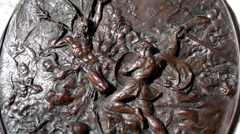 Antique c1878 Elkington & Co ~ St Michael Slaying the Devil Wall Plaque ~ 13.5" - Image 2 of 4