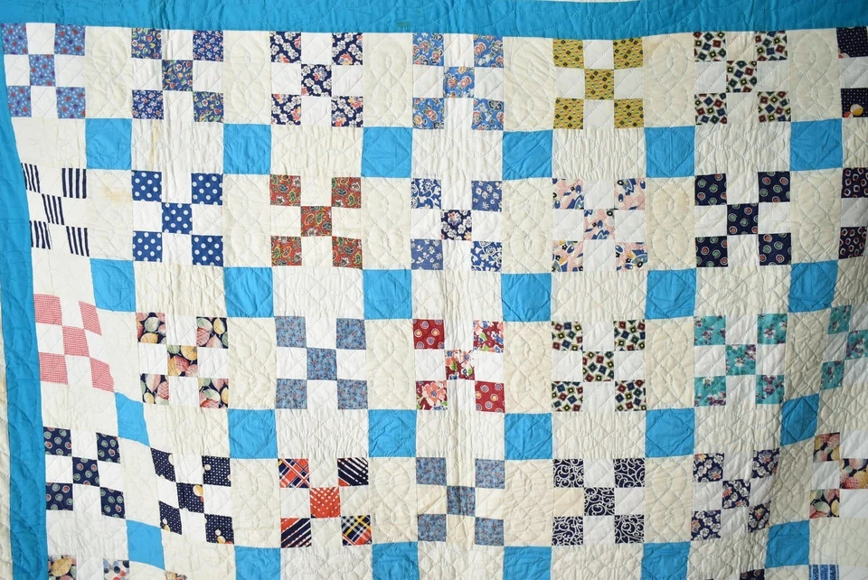 Large BEAUTIFUL 30's Nine Patch Antique Quilt ~Solid Blue Accents!! - Image 2 of 4