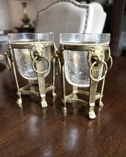 2 Vintage Brass Lion Head Candle Holders W/ Crackle Glass Insert