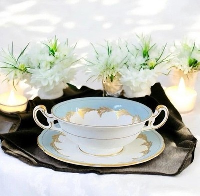 Hübsche Vintage blau und gold Foley Bone China Suppenschüssel/Coupé und Teller