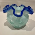 VTG Fenton Aqua Crest Dot Optic Vase Blue Ruffled Rim Opalescent