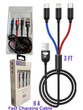 2 Pack 3 in 1 3 Feet Fast 6A USB Charging Cable Universal Multi Function Cell