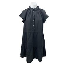 GAP Black Collared Flutter Sleeve Button Tiered Mini A-Line Shirt Dress Size L
