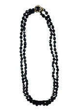 Double Stranded Black Bead Necklace with Pull Action Clasp Vintage Costume