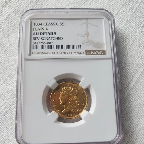 1834 $5 Classic Head Plain 4 Five Dollars Half Eagle Gold Coin NGC AU Details