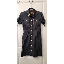 Tory Burch Black Grunge Utility Dress Gold Accents Shirt Dress Zippered Sz. 4 