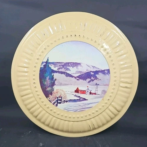 8 inch vintage JL Clark vent cover, metal, snowy farm with hills NOS, Flue Cover