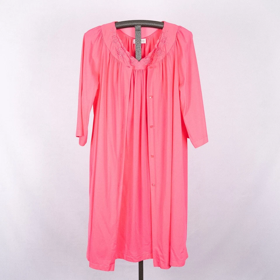 Vintage Shadowline Robe LARGE & Gown 1X Set Pink Rose Flower Embroidery USA MADE - Image 2 of 4