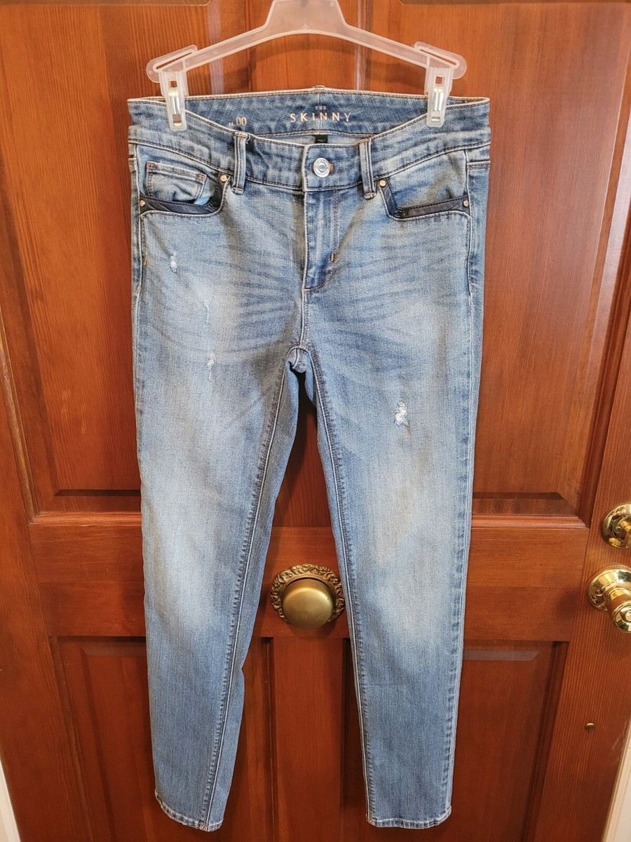 WHBM Women's Sz 00 The Skinny Blue Jeans Leather Trim White House