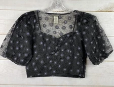 Sans Souci Blouse Womens L Black Floral Sheer Overlay Lined Crop Top Side Zip