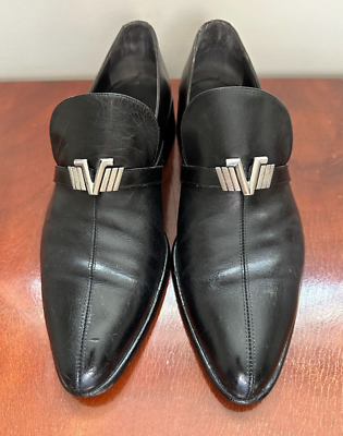 Vintage GIANNI VERSACE Size 10 Black Leather Point-Toe Slip  display picture 1