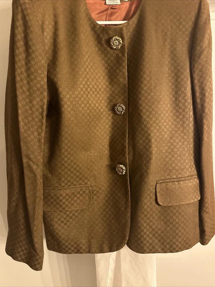 Blazer vintage Oleg Cassini para mujer talla 12 cuadrado marrón chaqueta a cuadros Foto 4 de 4