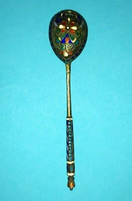 Belle petite cuillère Russe en argent massif cloisonné émaillé C.1900 - Photo 1/4