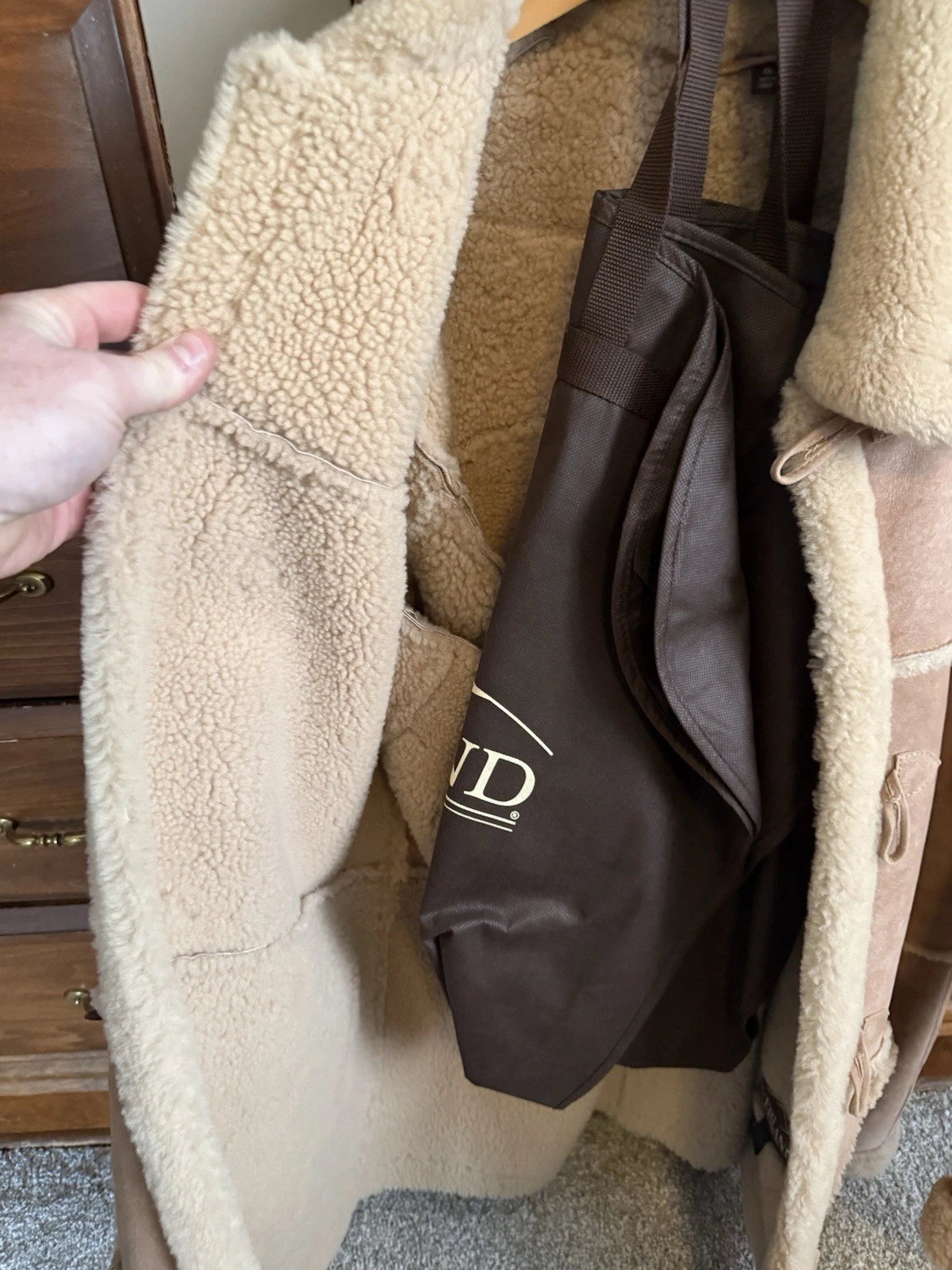 Overland Men's Sheepskin Rancher Coat Lined Pockets Button Brown Beige - Size 46 - product detail image 2