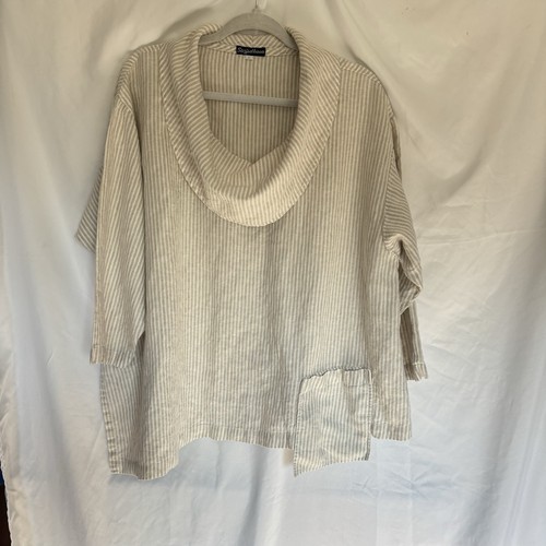 Stijfselkissie 100% Leinen Top Damen L hellbraun weiß Wasserfallausschnitt 3/4 Arm Lagenlook - Bild 1 von 11