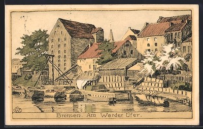 Stone print postcard Bremen, on the Werder shore, with boats 1915 