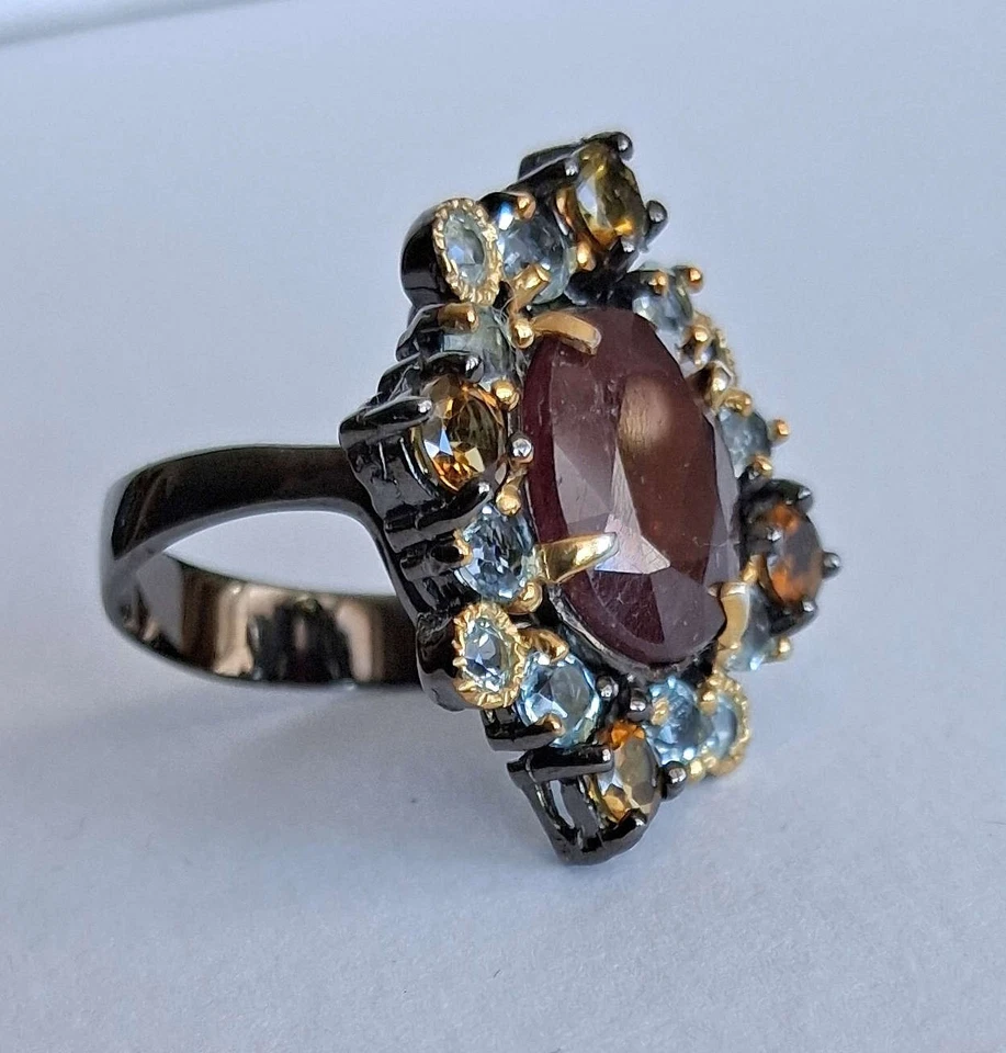 ANELLO ARG. ST. 925 BRUNITO CON RUBINO MASSIVO, TORMALINE E TOPAZI NATURALI - Immagine 2 di 4