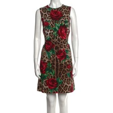 Dolce & Gabbana Brown Leopard Rose Print Wool Mini Dress 42 IT