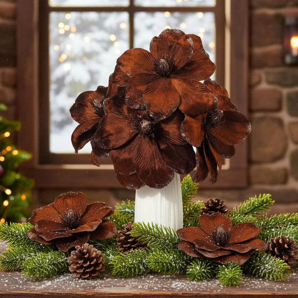 12 Piezas Grandes Terciopelo Navidad Flor de Pascua Magnolia Adornos Brillo B... Foto 3 de 4