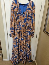 NWT Fashion Nova V-Neck Lined Leaf Print Long Sleeve Smocked Maxi Dress, Plus 3X