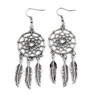 DREAM CATCHER EARRINGS 3.5'' Drop Dangle Metal Feather Stainless Steel Ear Wires