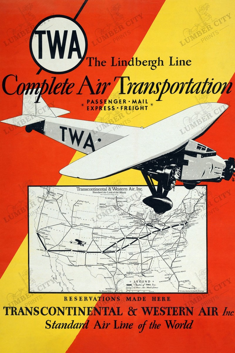 Vintage 1932 TWA The Lindbergh Line Aviation Map Wall Art Poster