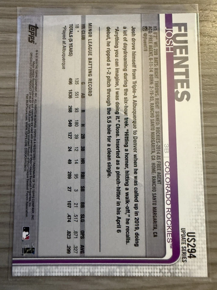 2019 Topps Update Series - Josh Fuentes #US294 (RC) - Image 2 of 2