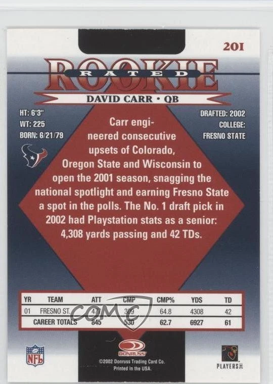 2002 Donruss Rated Rookie David Carr #201 Rookie RC - Image 2 of 2