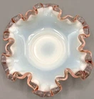 Vintage Fenton Rose Crest Milk Glass Bonbon Dish — Ruffled Edge Candy Dish