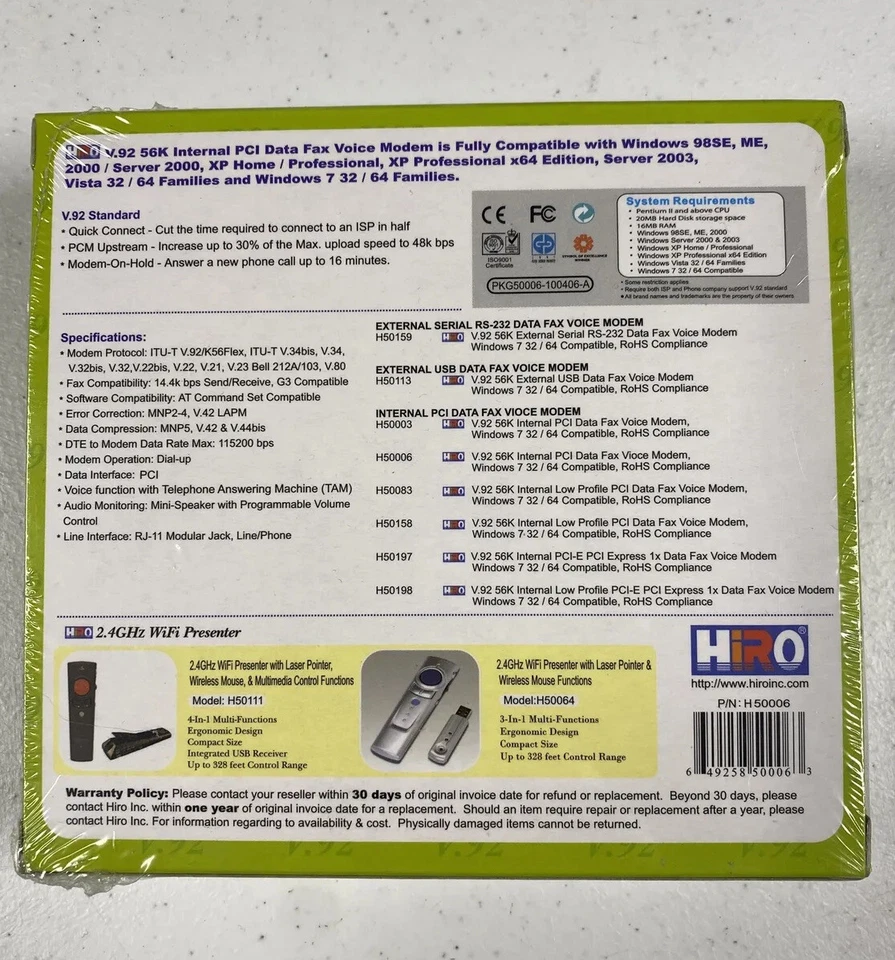 Hiro PCI Data Fax Modem 56k H50006 Dial Up Support up to Windows 7 NIB - Image 2 of 4