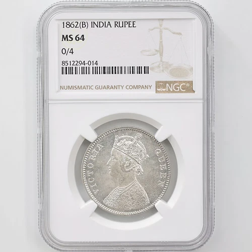 1862 (B) British India Queen Victoria 11.66g 1 Rupee Silver Coin NGC MS 64 0/4