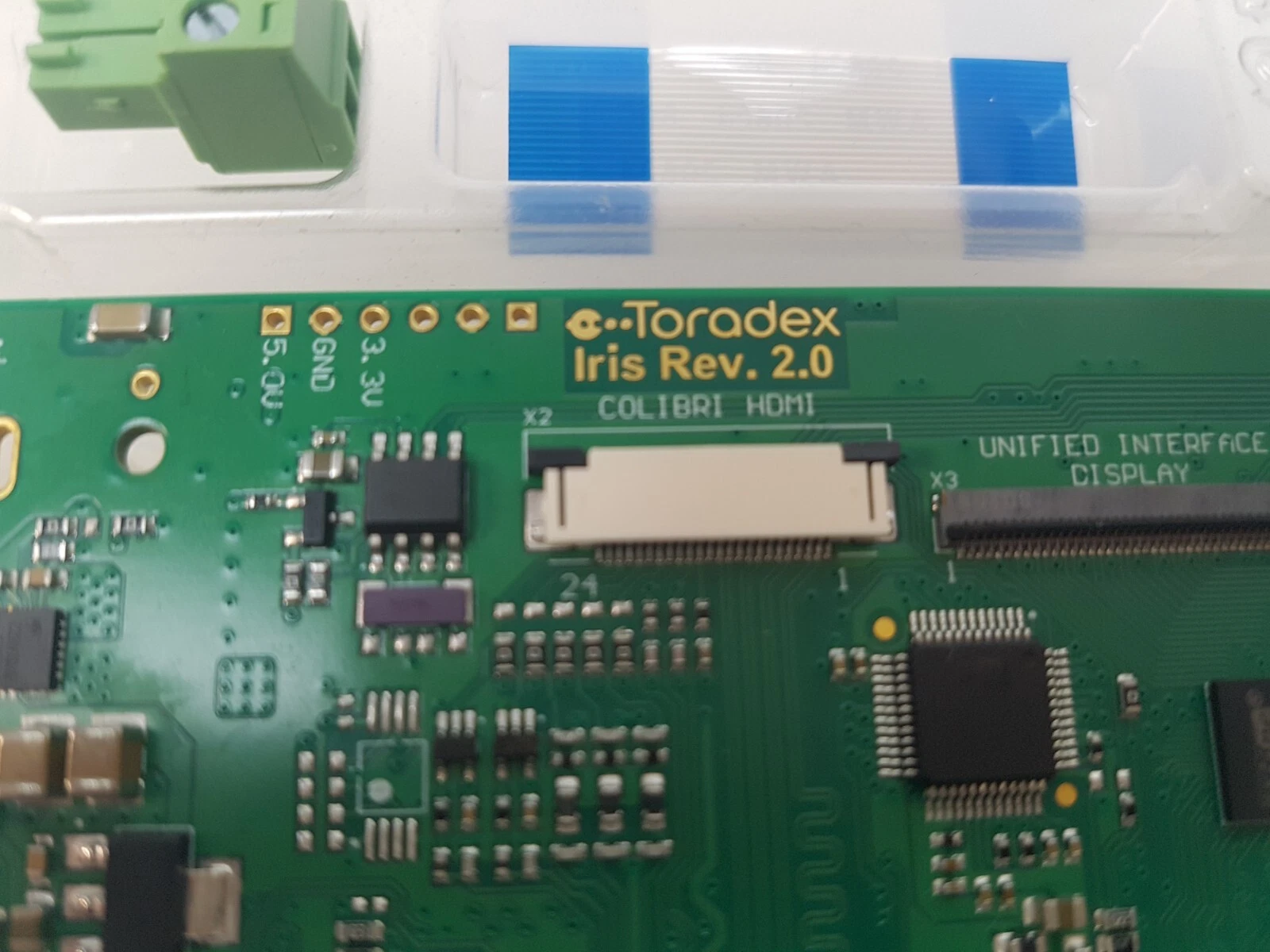 Toradex Iris Rev. 2.0 silkscreen with Colibri HDMI and Unified Interface Display connectors