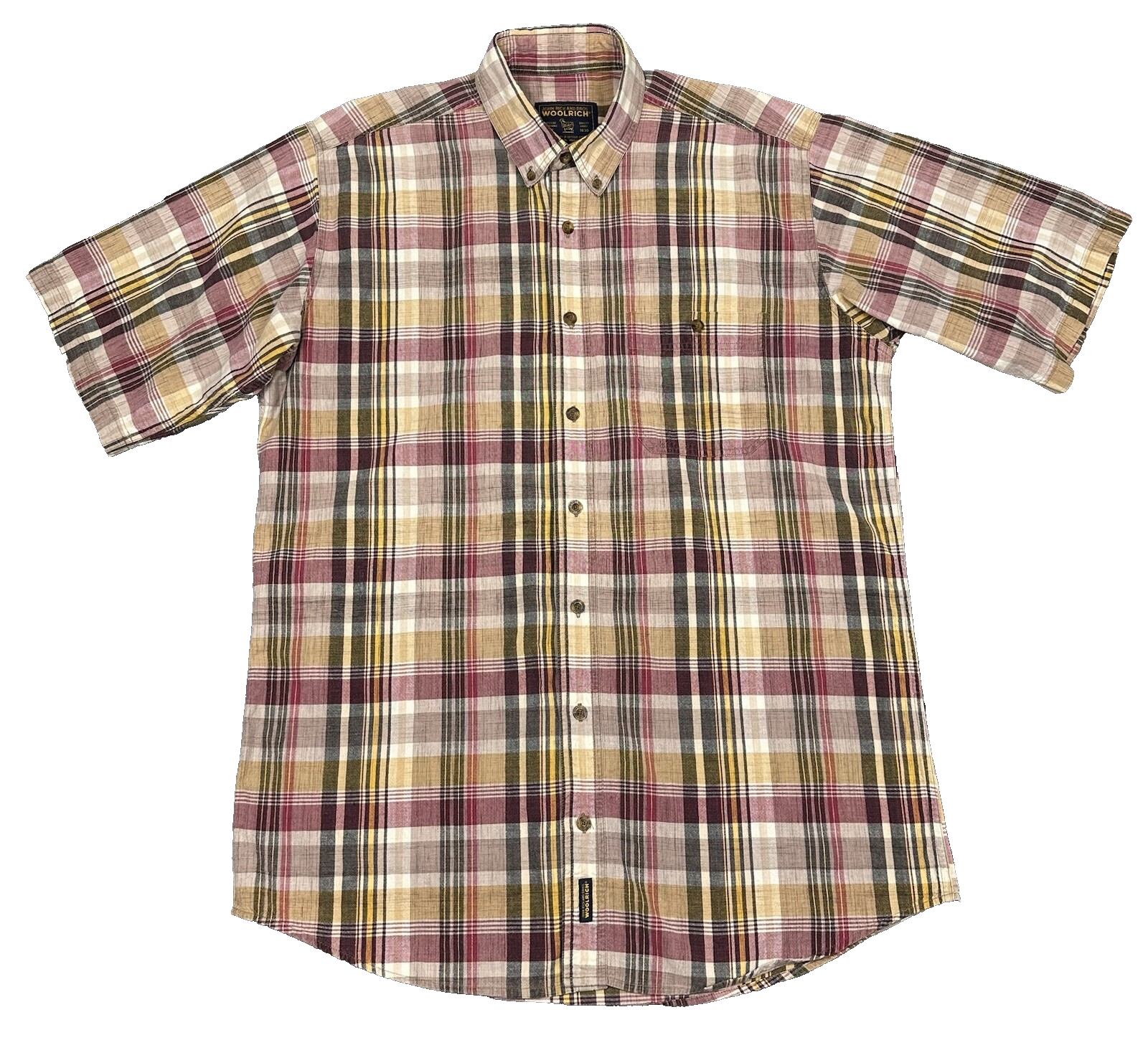 Vintage Woolrich Shirt Mens Large (Tall) Khaki Plaid Button Down Short Sleeve