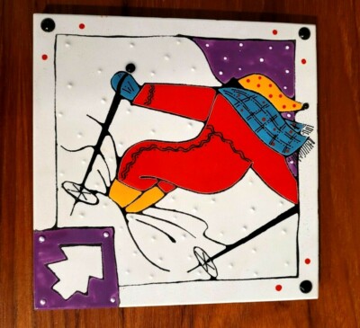 VTG Happy Talk 6'' Ceramic Tile Trivet Wall Hanging Handpainted SKIER USA