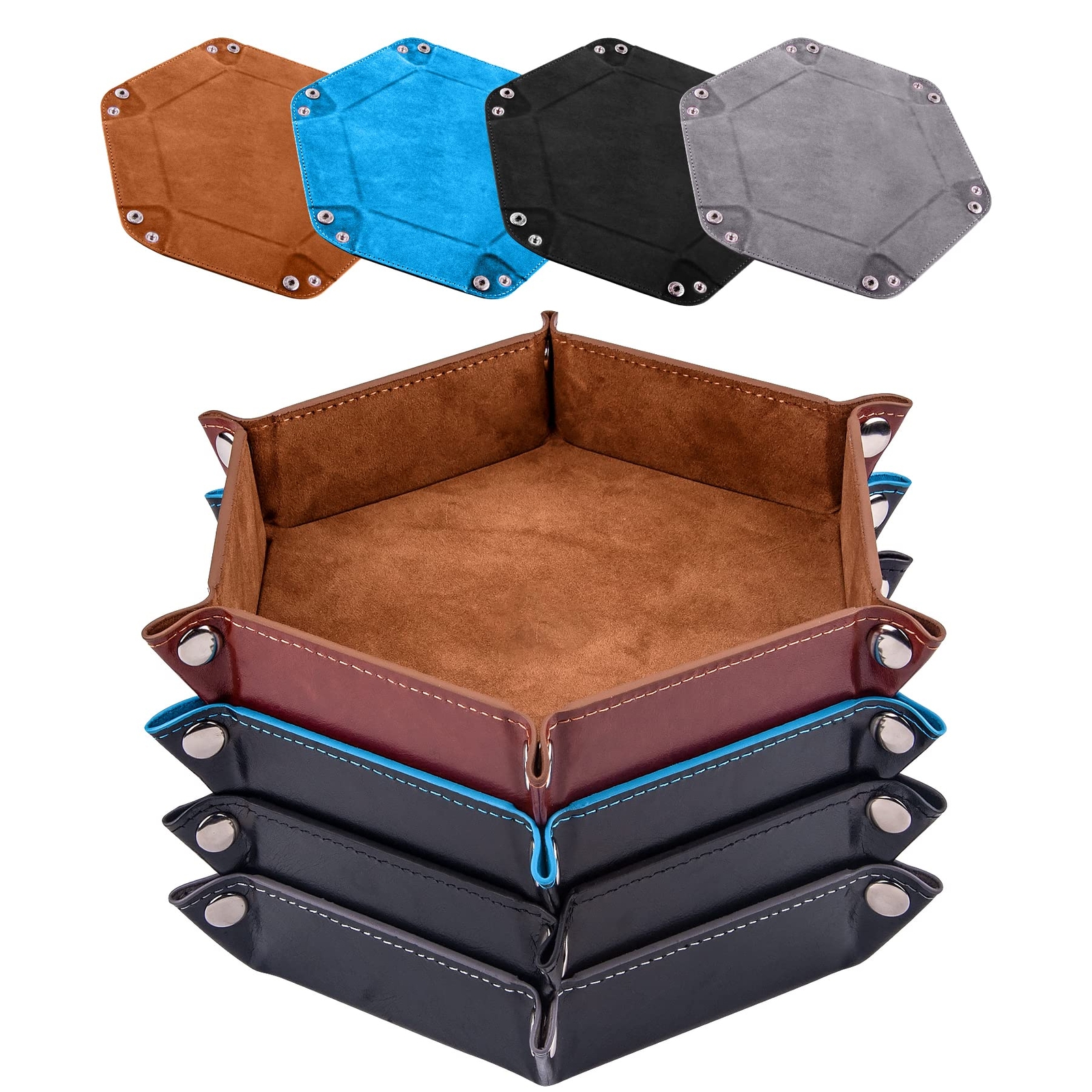 4 Pieces Dice Tray Set Foldable Dice Trays Hexagon Dice Rolling Tray PU Leath...