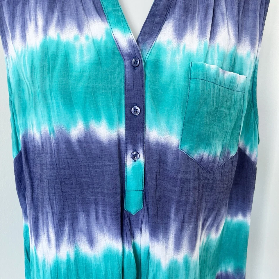 Kim Rogers Womens Blue Teal Tie Dye Sleeveless Split Neck Tank Top Rayon Plus 1X - Image 4 of 4