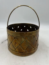 Vintage Brass Basket Round Basket Weave Metal 6" Wide