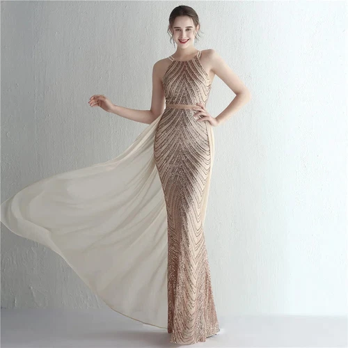 Elegant Gold Sequins Dress Evening Party Women Long Formal Evening Prom Dresses - Picture 25 of 30