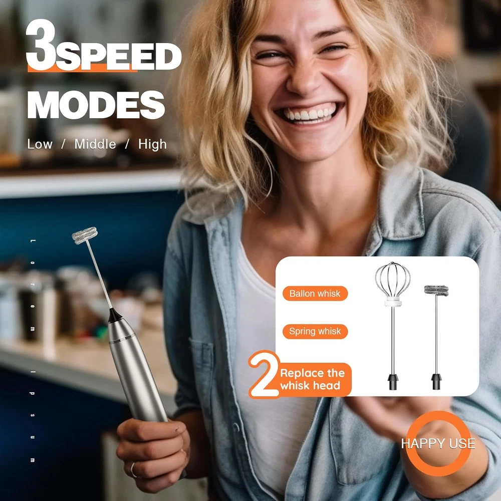 Milk Frother Rechargeable Handheld Electric Whisk Coffee Frother Mixer with 2 St